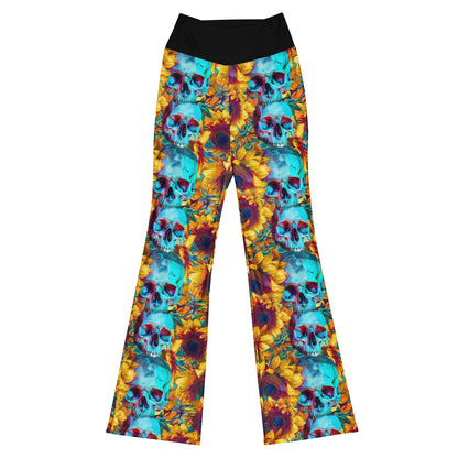 Glowing Skull with Sunflowers Flare Leggings